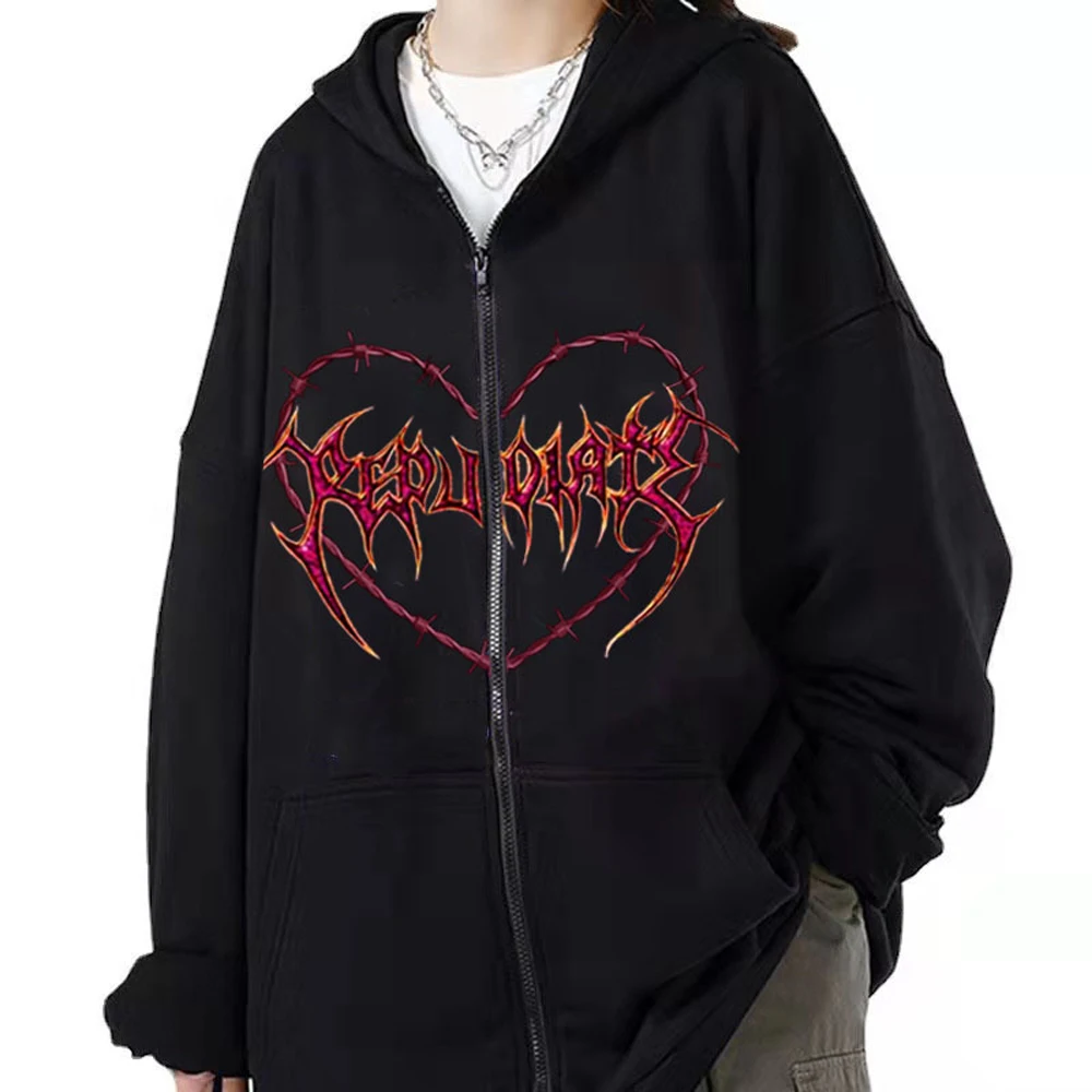 

Gothic Jacket Zip Up Hoodie Streetwear Heart Type Printed Long Sleeve Sweatshirts Punk Y2k Clothes Jackets Hip Hop Hooded Shirt