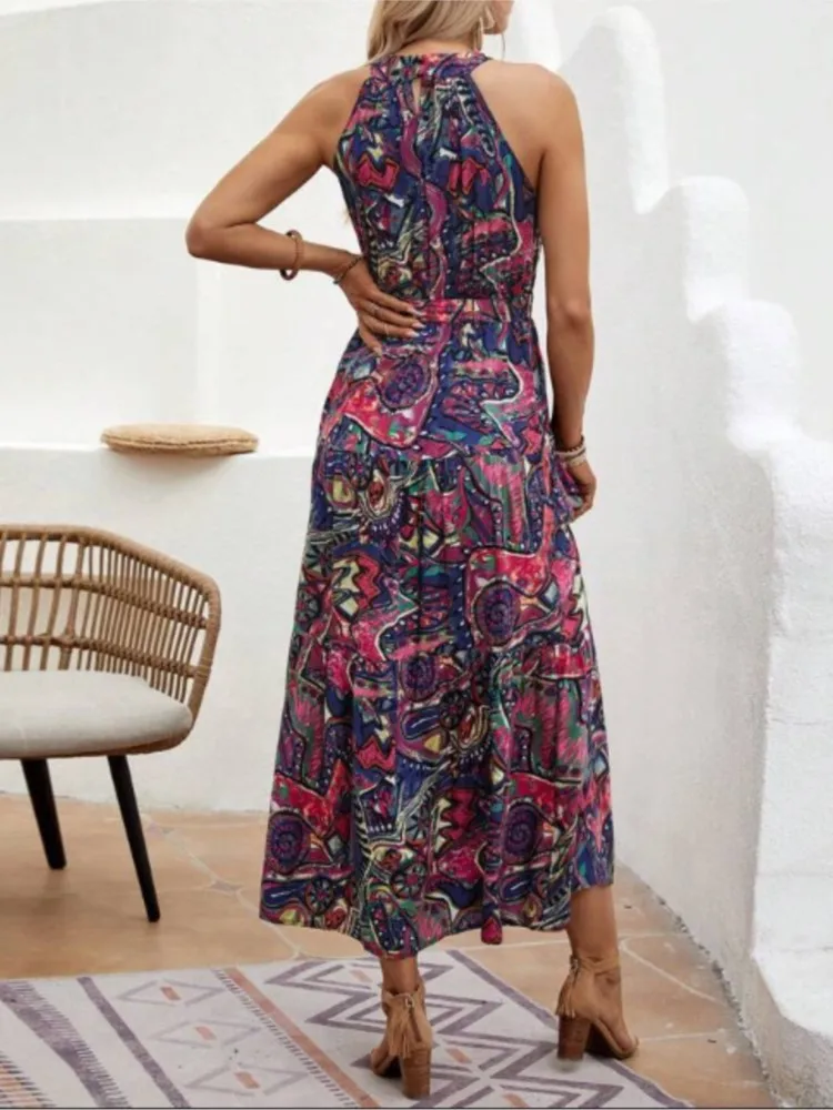 Женское платье с принтом элегантное без рукавов О-образным вырезом и открытыми