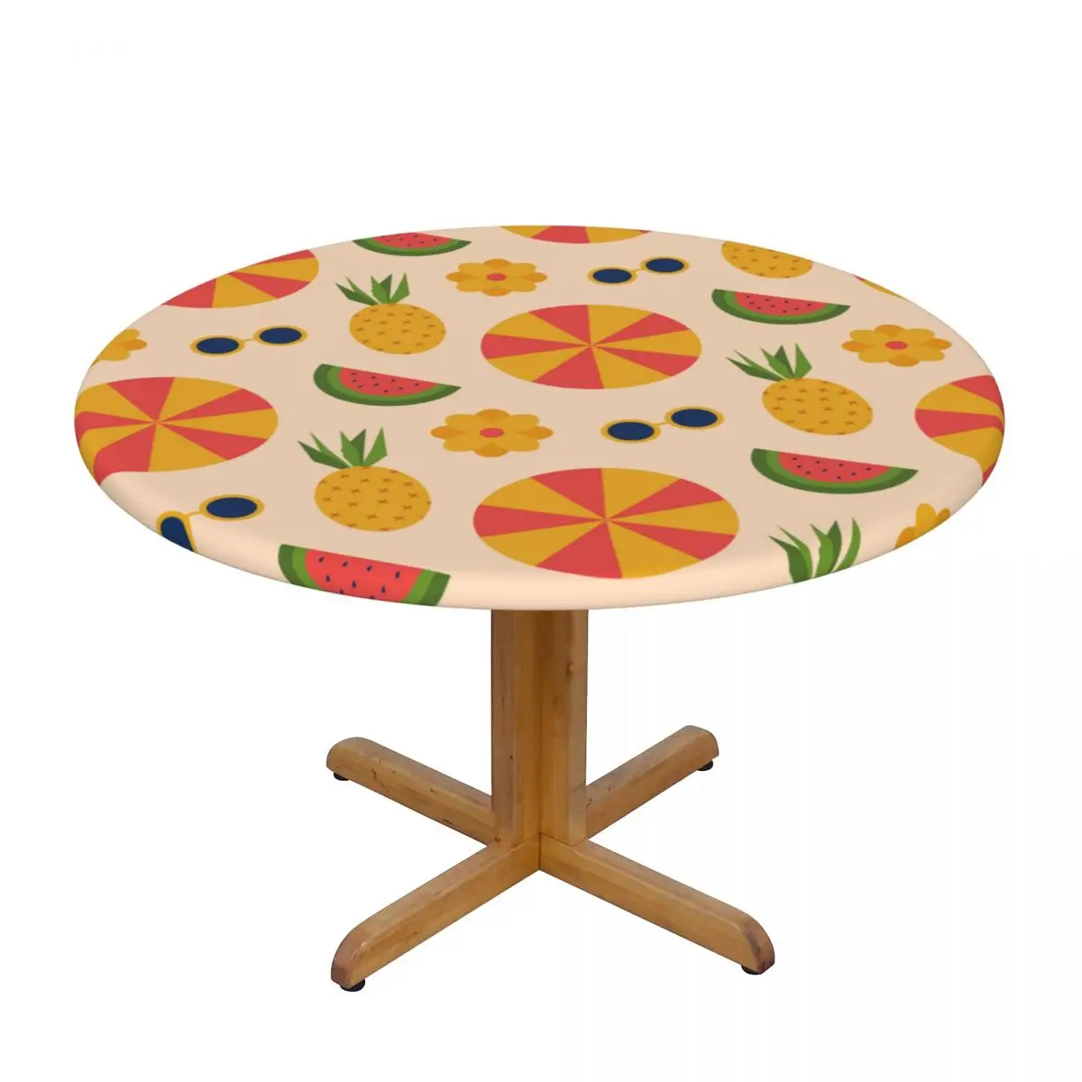 

Round Table Cover Cloth Protector Polyester Tablecloth Summer Tropical Pattern Fitted Table Cover with Elastic Edged