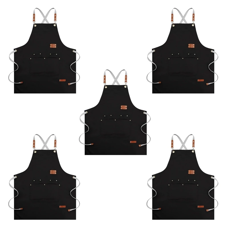 

Фартук шеф-повара 5X с перекрестной спинкой для мужчин и женщин, Кухонные фартуки с регулируемыми ремешками и большими карманами (черный)