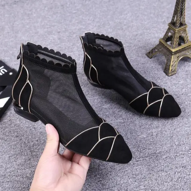 Mesh breathable women boots spring summer zip stipe Fashion flat sandals women's boots pointed women's shoes 2023 botas mujer