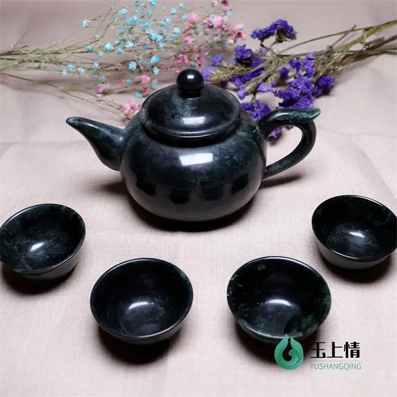 

Natural Green Jade Teapot 4 Teacup Gongfu Teaware Chinese Tea Ceremony Hand Carved Jades Stone Tea Set With Teapots