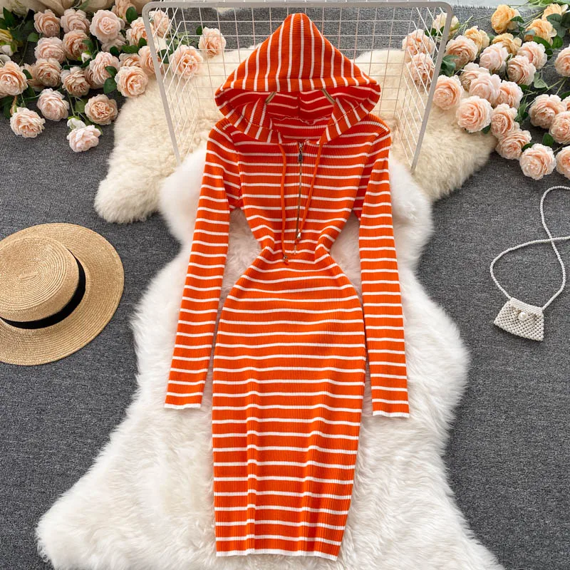 

Preppy Style Girls Hoodie Long Sleeve Casual Dress Womens Midi Warm Kaftan Dresses For Winter Sweatshirt Knitting Stripe Robe