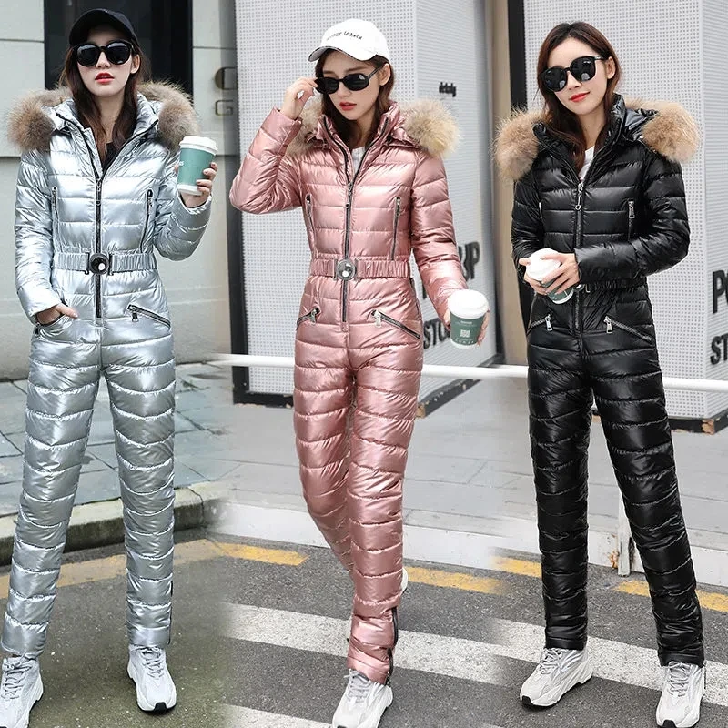 

Autumn Winter Cotton Rompers Sets Women Thick Warm Hooded Jumpsuits Sets Fashion Big Fur Collar Coat & Pants Two Piece Suit Sets