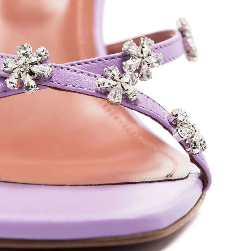 New Crystal Flower High Heels Slippers for Women Sexy Sweet Square Toe Outdoor Female Flip Flops Summer Party Casual Slides