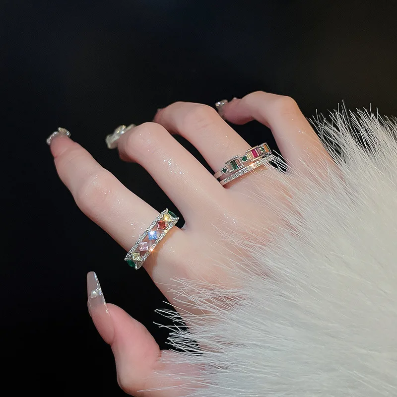 

European and American Fashion Color Zircon Geometric Double Open Ring