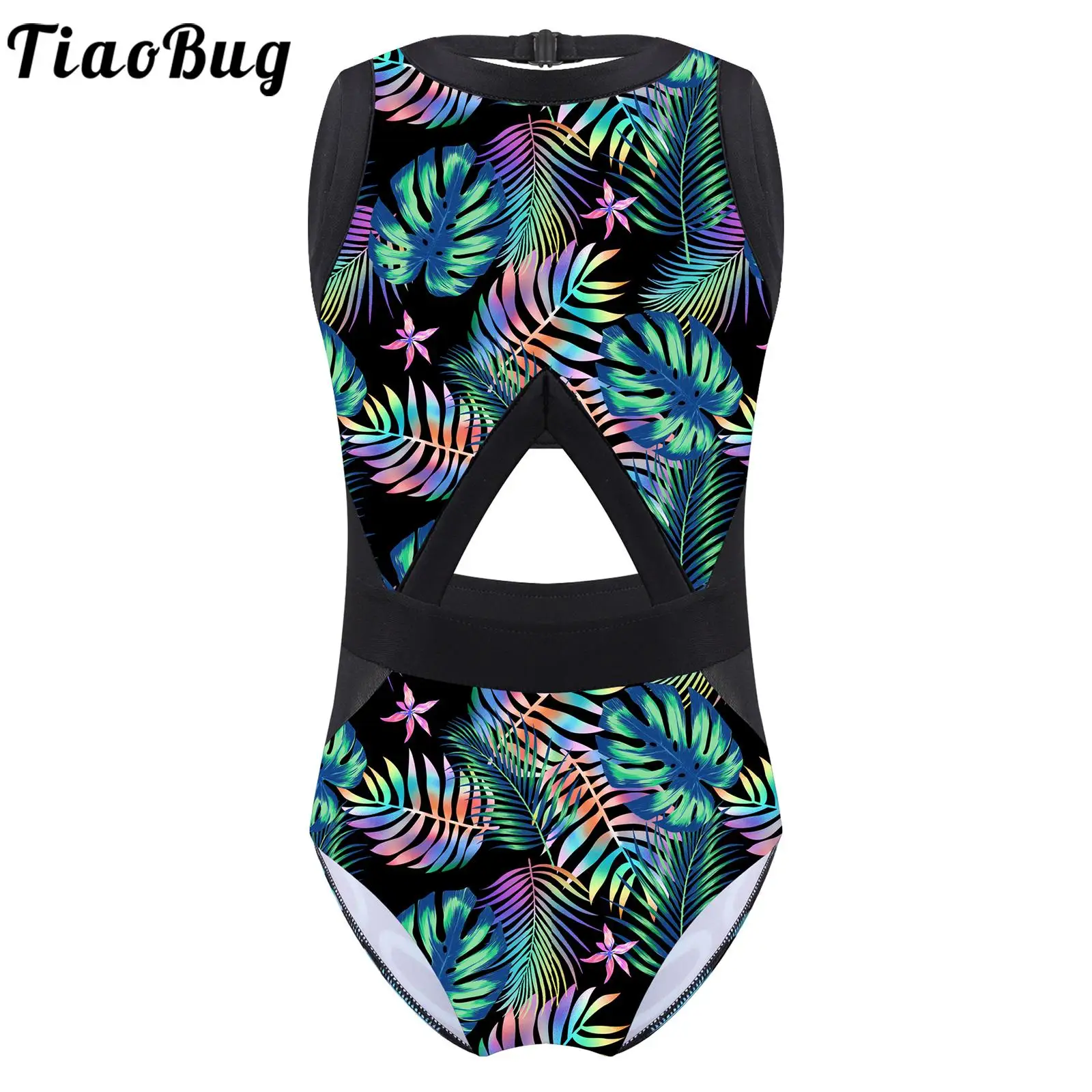 

Kids Girls One Piece Swimsuit Sleeveless Hollow Out Open Back Print Swimming Bathing Suit Children Summer Beach Pool Swimwear