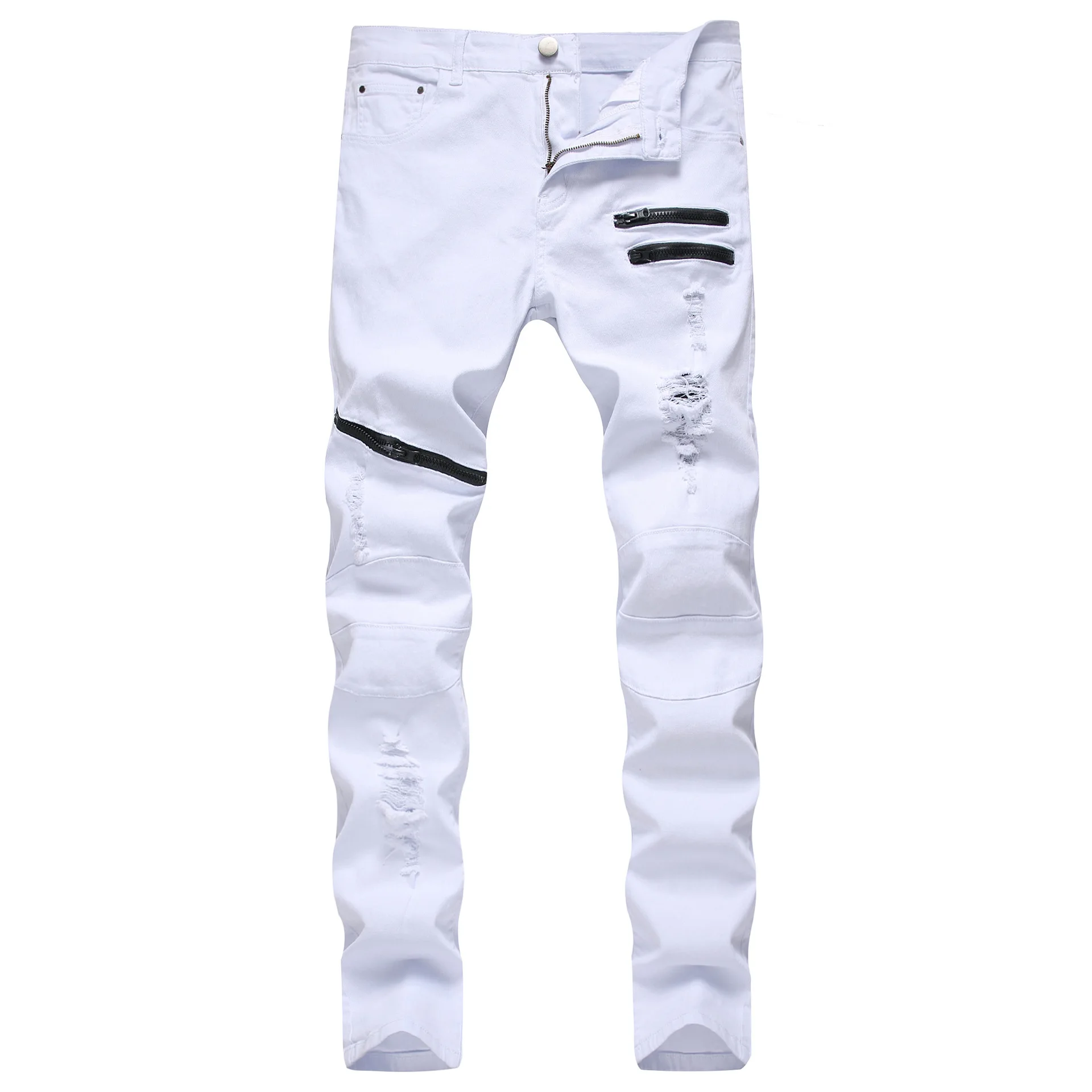 2023 Spring New Mens Hole Denim Trousers Fashion Ripped White Jeans Hip Hop Vintage Skinny Jeans Man Zip Up Casual Jean Homme 바지