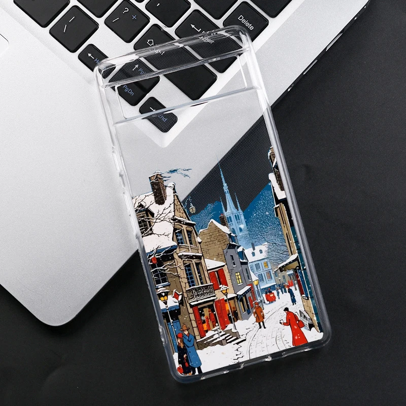 Snow Winter Landscape Phone Case For Google Pixel 9 Pro XL 8 A 7 6A 5G Cute Anime Street Scenery Clear Soft TPU Cover Capa