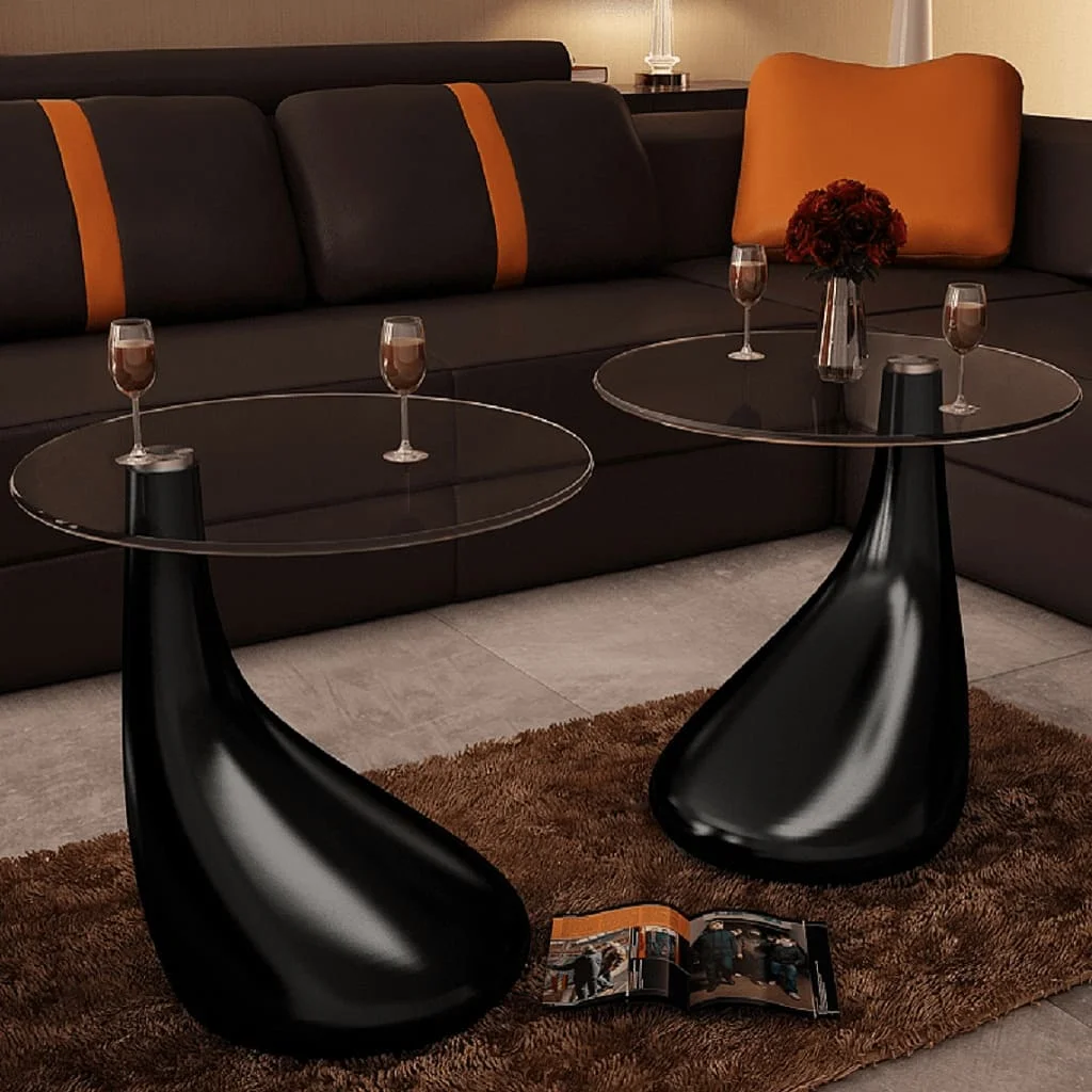 

Glass Coffee Tables Living Room Modern Coffe Table 2 pcs with Round Glass Top High Gloss Black