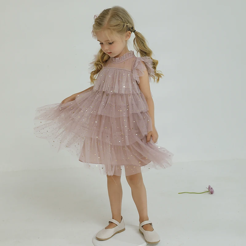 

Кружевное многослойное платье принцессы из тюля для девочек; Детская Свадебная пачка с блестками; Элегантная розовая пышная одежда для под...