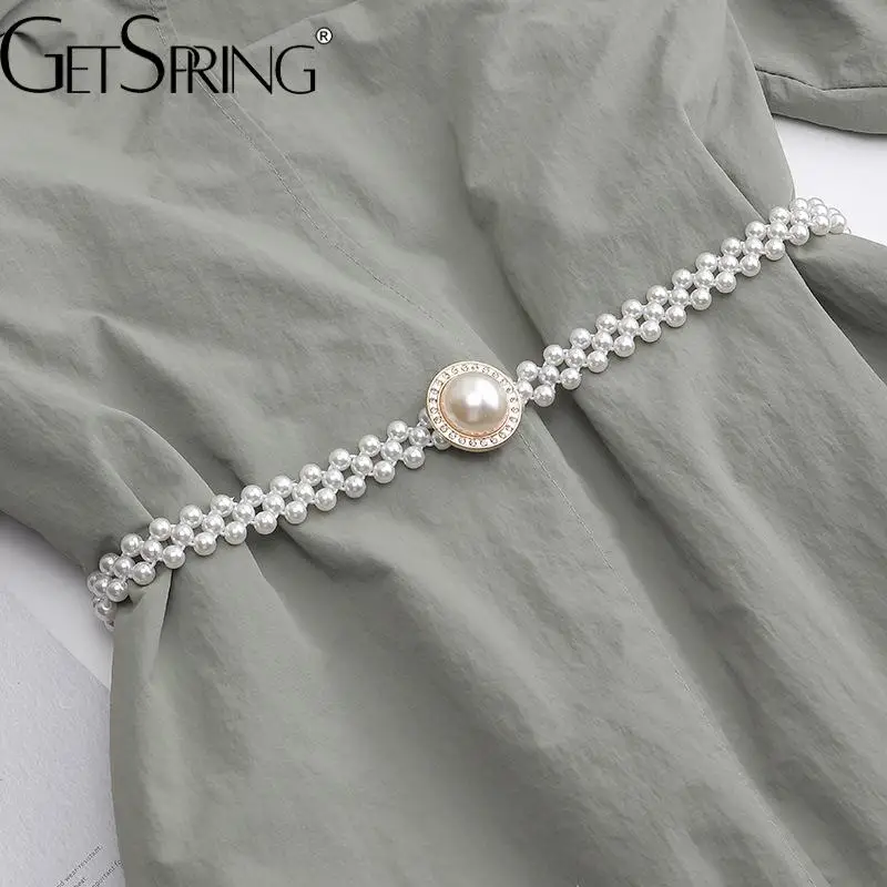 

GetSpring, женские ремни, корейские стразы, круглая пряжка, поясной ремень, жемчужная цепочка, женское эластичное украшение для платья, Прямая по...