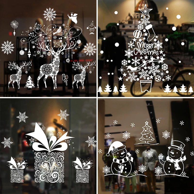 

Large White Christmas Window Stickers Snowflake Elk Xmas Tree Sticker Merry Christmas Decorations for Home Navidad New Year 2024