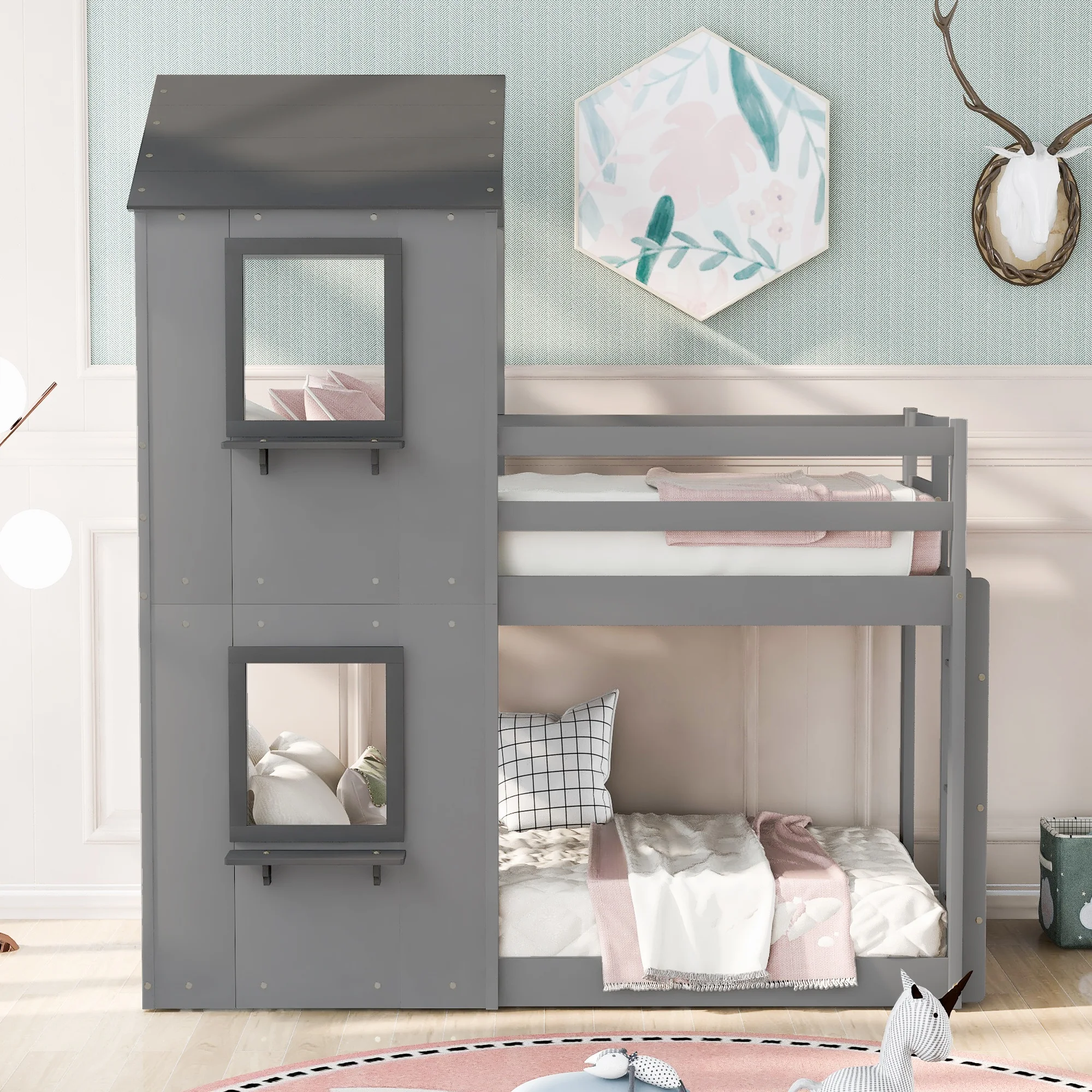 

Home Modern Minimalist Wooden Bedroom Furniture Beds Frames Bases Twin Bunk Bed Wood Bed With Roof Window Guardrail Ladder Gray