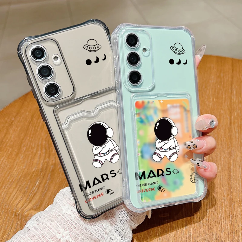 Чехол-кошелек для карточек Samsung Galaxy S24 S23 FE S22 Ultra A16 A55 A35 A25 A15 A06 A05 5G Cute Astronaut Clear Soft TPU