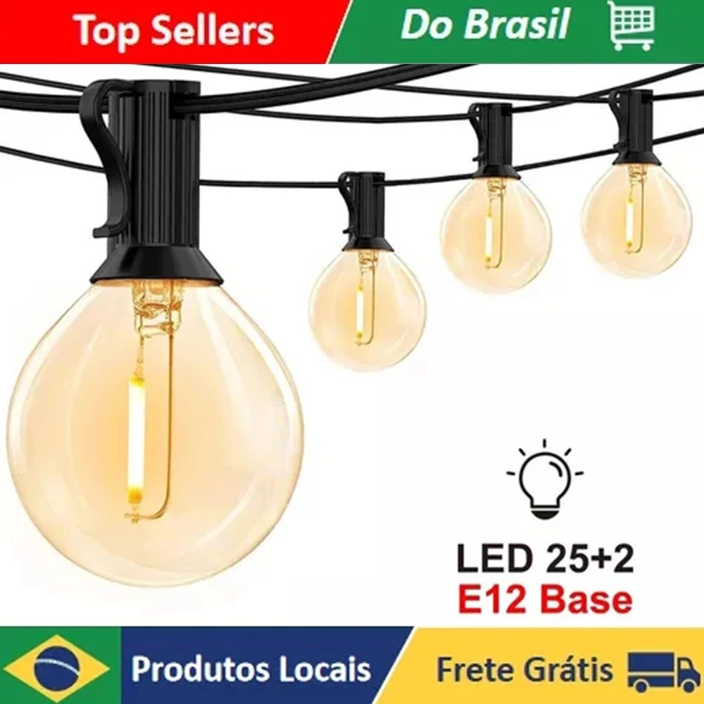

Luzes de corda externas G40 de 25 pés com cabo de plugue estendido luzes de pátio de vidro Edison Globe de 5 W com 25 lâmpadas