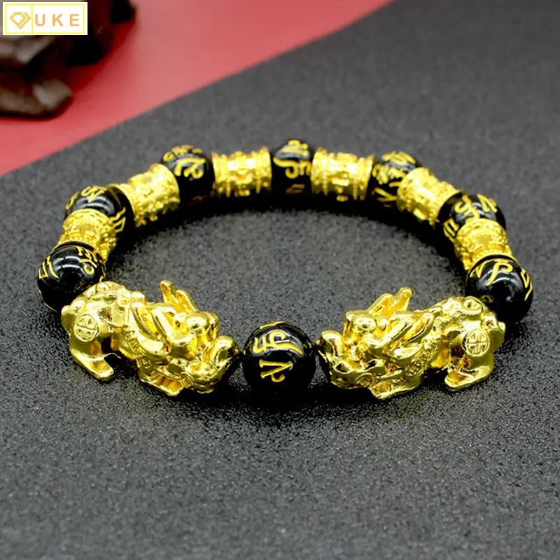 

Natural Stone Black Onyx Six-character Mantra Good Luck Beads Obsidian Stone Bracelet for Men Women Pixiu Wealth Jewelry Gift