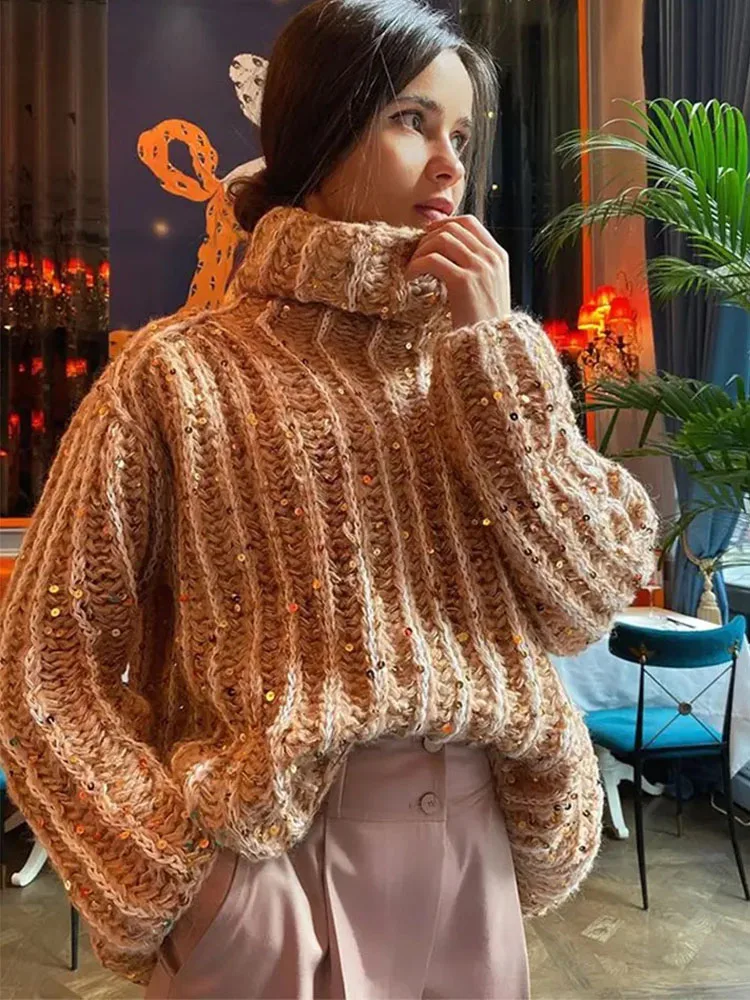

Women Sequin Turtleneck Sweater Autumn Winter Vintage Fashion Casual Shinny Knitwear Thick Warm Long Sleeve Loose Lady Pullover