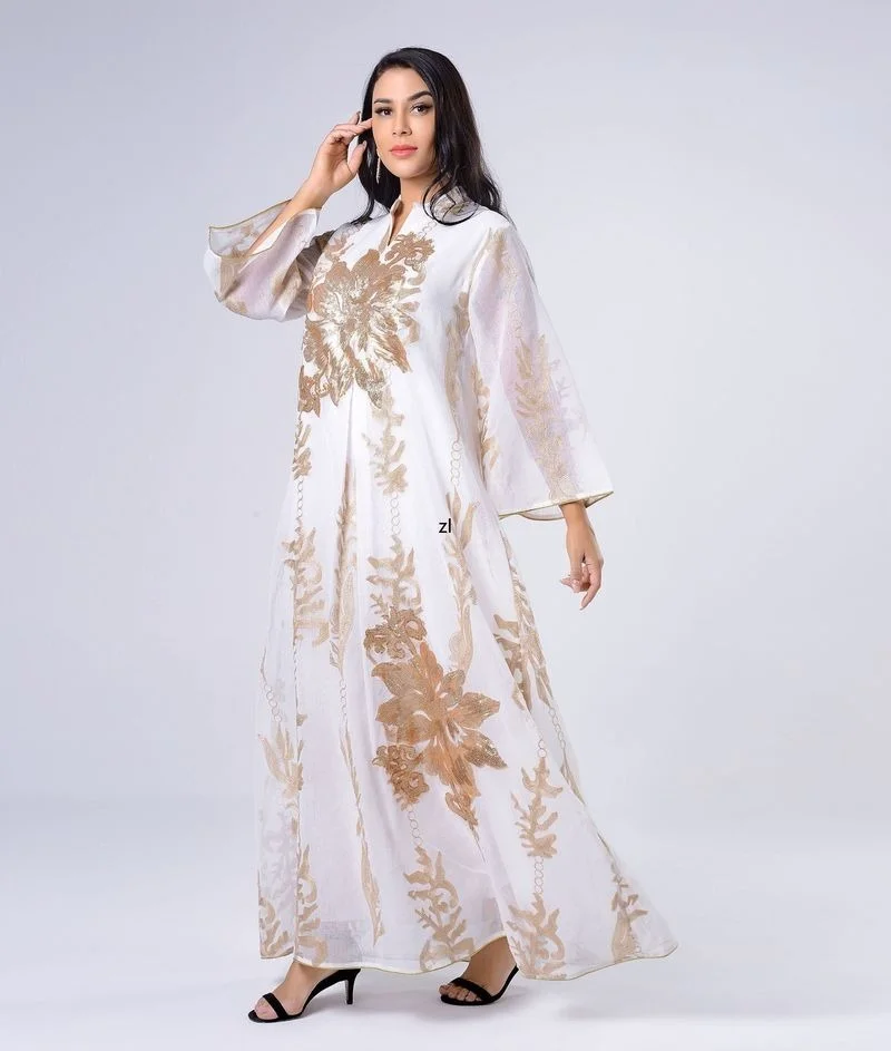 Ramadan Sequins Dubai Abaya Jalabiya Muslim Women Islamic Dress Imitation Linen Emboridery Moroccan Kaftan Evening Party Dresses