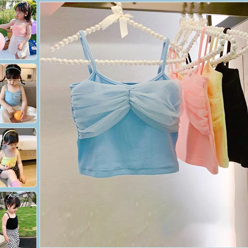 

Baby Girls Lace Mesh Camisoles 2022 New Summer Tops Children Princess Vest Tops Blue Pink Yellow Cute Cotton Tops Candy Color