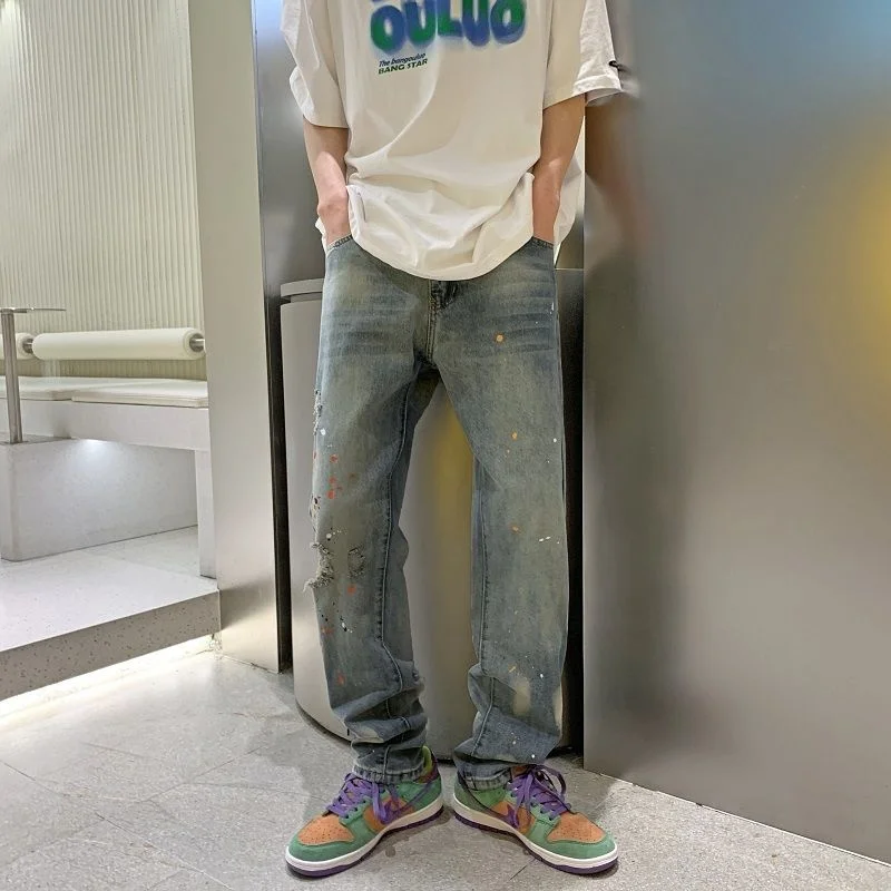 Blue Graffiti Jeans Men Fashion Casual Straight Baggy Jeans Men Streetwear Loose Hip Hop Hole Denim Pants Mens Trousers M-3XL
