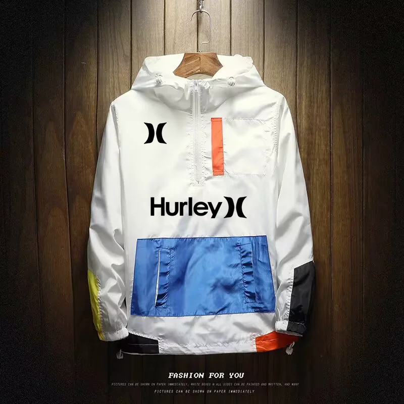 

Hurley Men's Spring and Autumn Windbreaker Jacket Fashion Casual Outdoor Sports Hooded Pullover High Quality Jacket Large Jacket