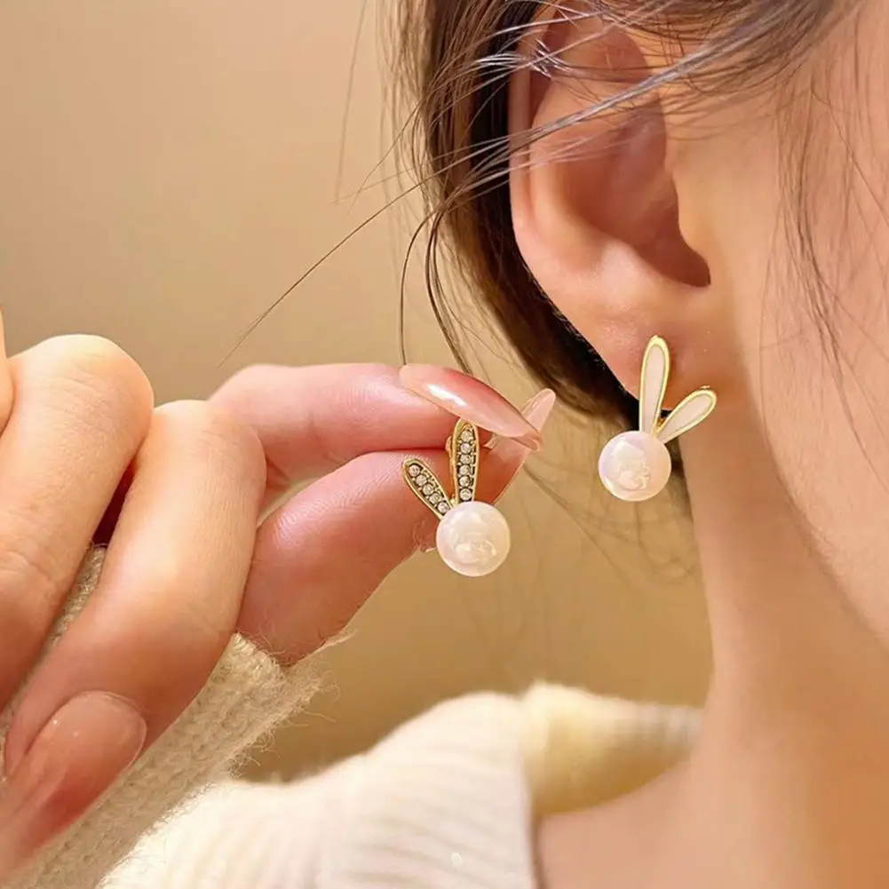 

1 Pair Ear Studs Rhinestone Inlaid Dainty Valentine's Day Gift High Gloss Faux Pearl Rabbit Bunny Women Earrings Fashion Jewelry