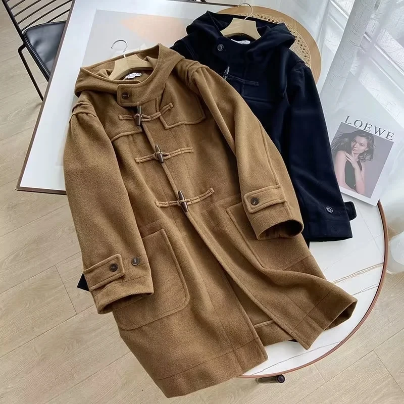 

Winter jacket women claw button Woolen coat elegant; long sleeve thick hooded jacket feamle long coat 2023