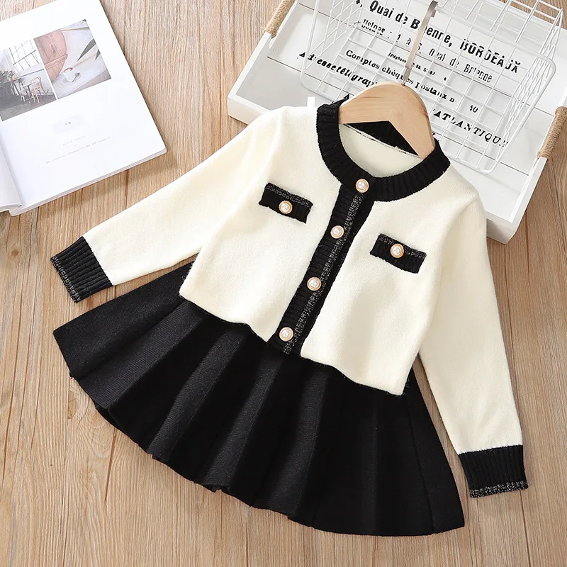 

Kids Girl Sweater Set Autumn Winter Girls Cardigan Sweater T-shirt With Pleated Skirt 2 Piece Children Casual Outfits For 2-6Y