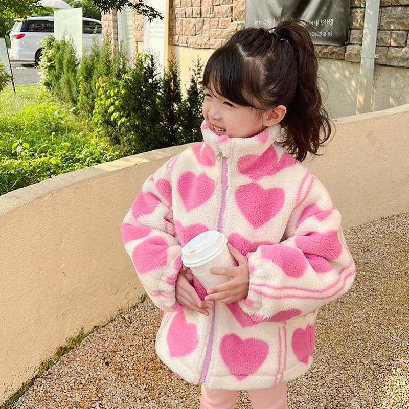 

Fashion Winter Baby Girls Lovely Pink Warmth Cashmere Fleece Full Zip Jackets Kids Coat Tops Children Outfits For 2-8 Years
