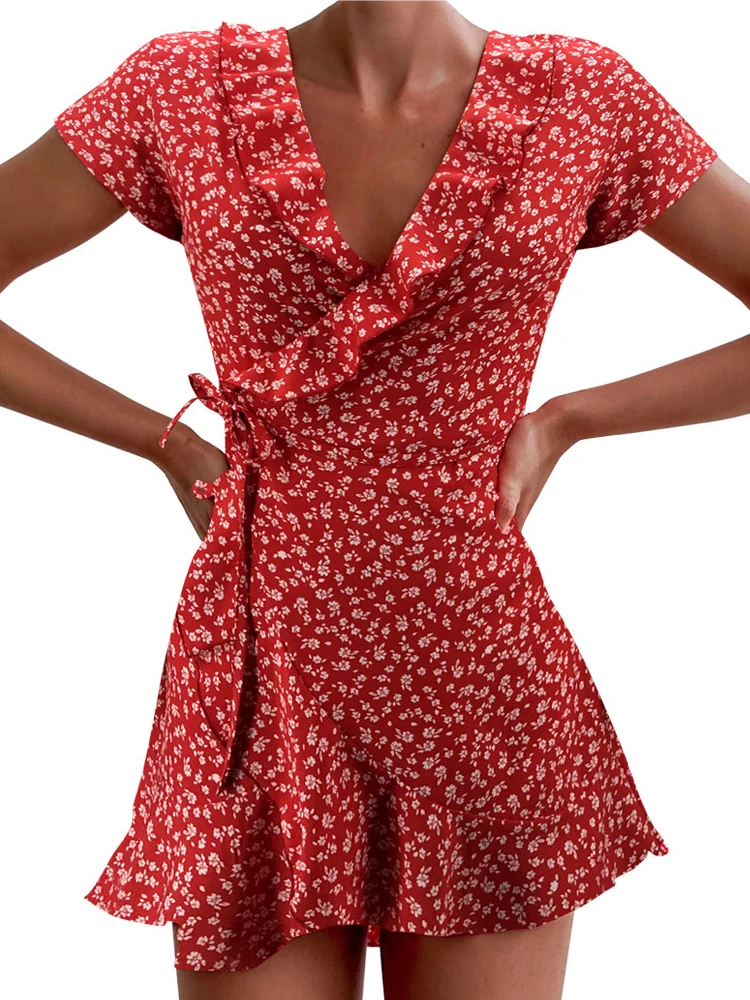 

Summer Women Floal A-Line Dress Sweet Elegant Floral Ruffles V-neck Bandage Red Black Short Chic Flowers Lady Mini