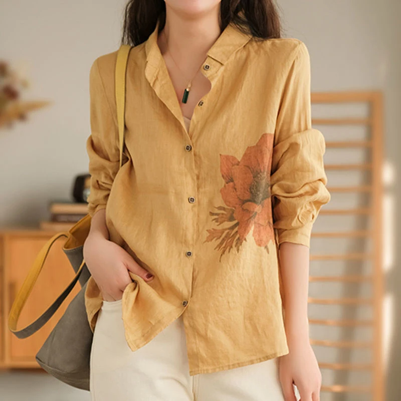 

2022 Spring Summer Arts Style Women Long Sleeve Loose Casual Shirts Vintage Flower Print Cotton Linen Blouse Female Tops C07