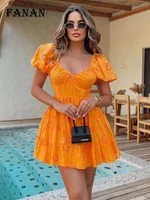 orange mini dress summer women fashion puff sleeve a line dress 2022 y2k sweet cute flower embroidery dresses casual outfits