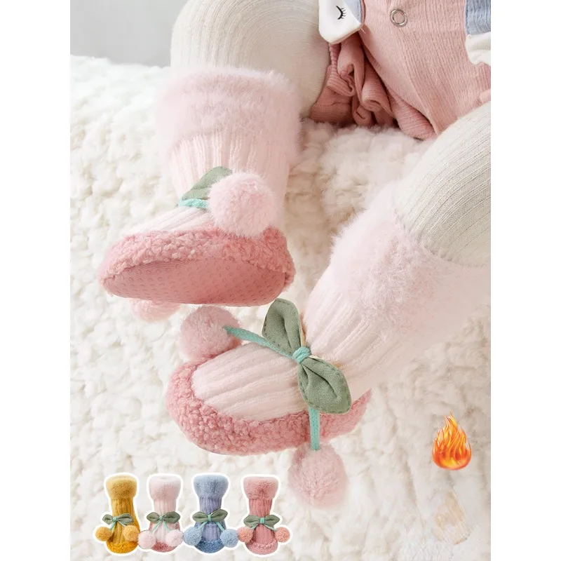 

Носки для новорожденных, с бантом и цветами, утепленные Нескользящие теплые носки для мальчиков и малышей, милые плюшевые носки для девочек и младенцев