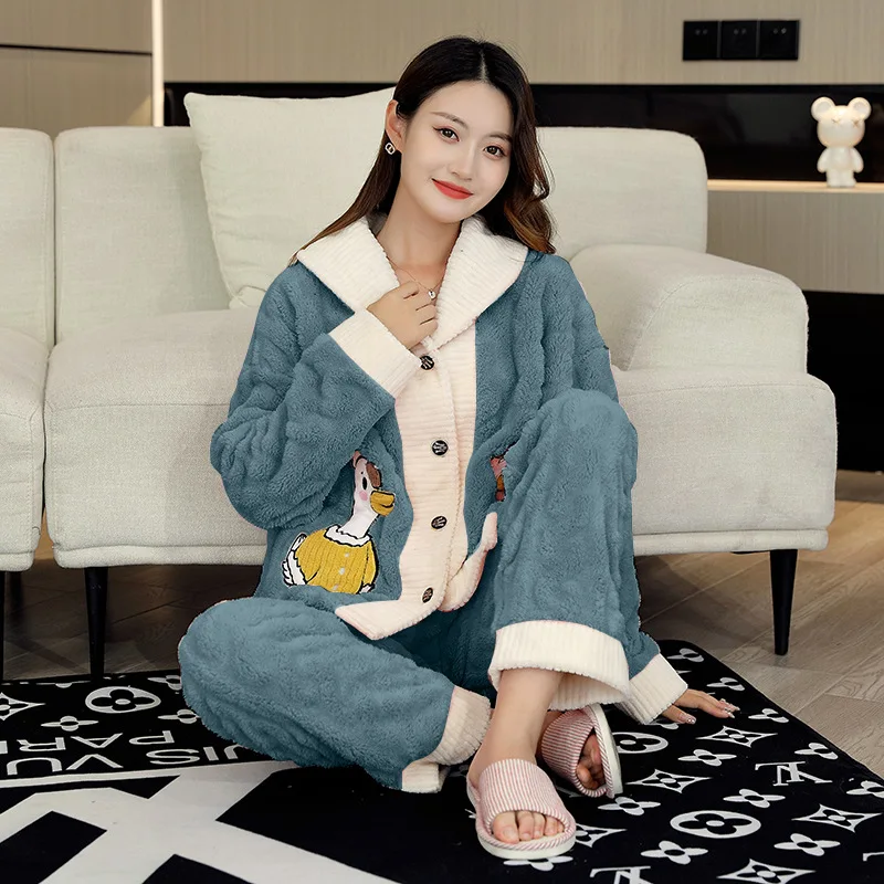 Ladies Pajama Sets Thicken Various Color Winter Warm Nightgown Comfortable Soft Sleepwear Suit Cute Style Button Design
