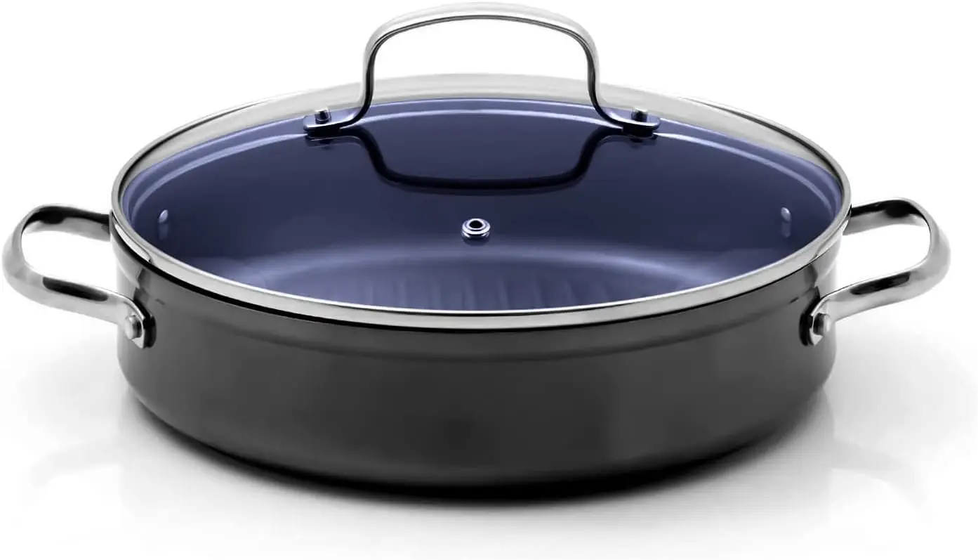 

Forged Lightweight Grill Pan with Lid, G10 Healthy Duralon Blue Ceramic Ultra Non-Stick Coating, Induction-Ready & Works on Pla