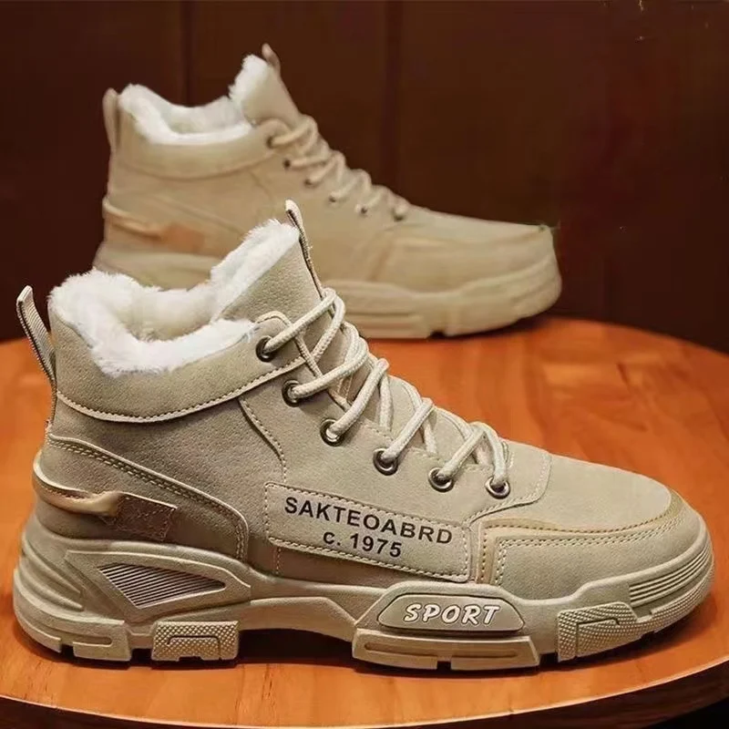 

New Men's Winter Leather High Top Plush Warm Casual Work Boots Thick Bottom Non Slip Outdoor Casual Cotton Boots Hiking Boots