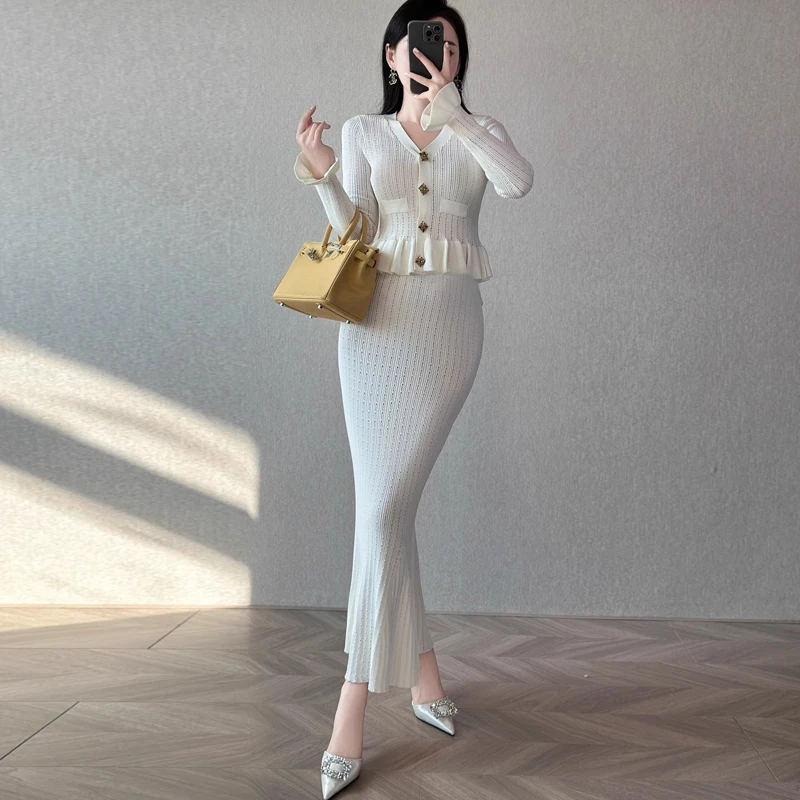 YuooMuoo Роскошное Вязаное Платье Макси Вечернее В Стиле Русалки С Подплечниками