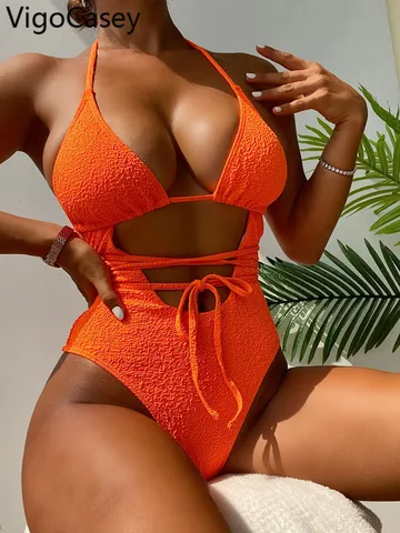 Vigoкейси 2024 оранжевый купальник с ремешками женский сексуальный сплошной купальник с перекрестной шнуровкой Монокини пуш-ап купальный костюм с открытой спиной
