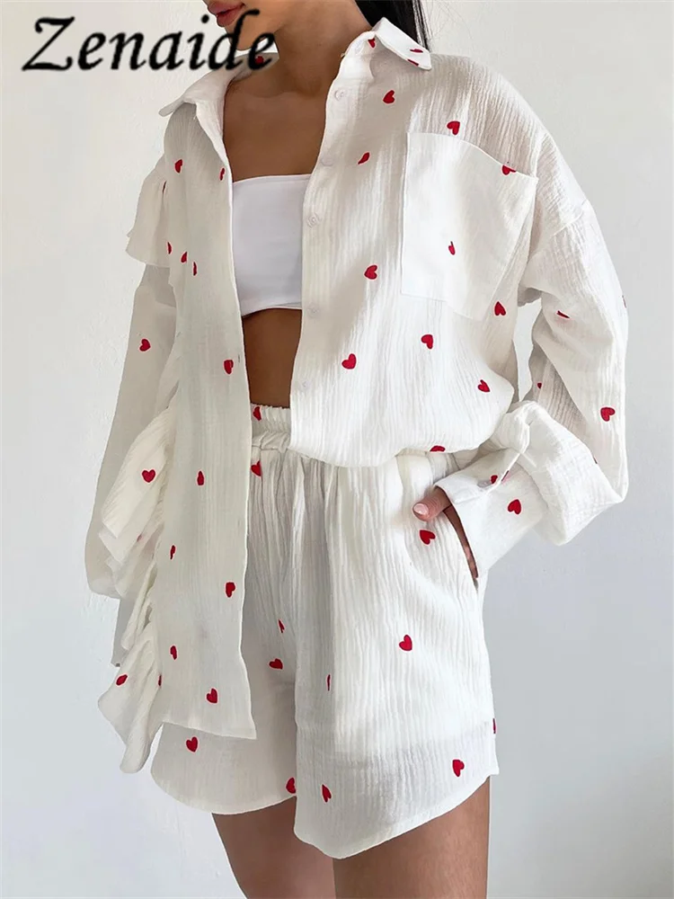 

Zenaide Oversize Summer Autumn Cotton Casual Suit Office Lady Long Sleeve Loose Top Shirt+Shorts 2 Piece Set Women Print Outfits