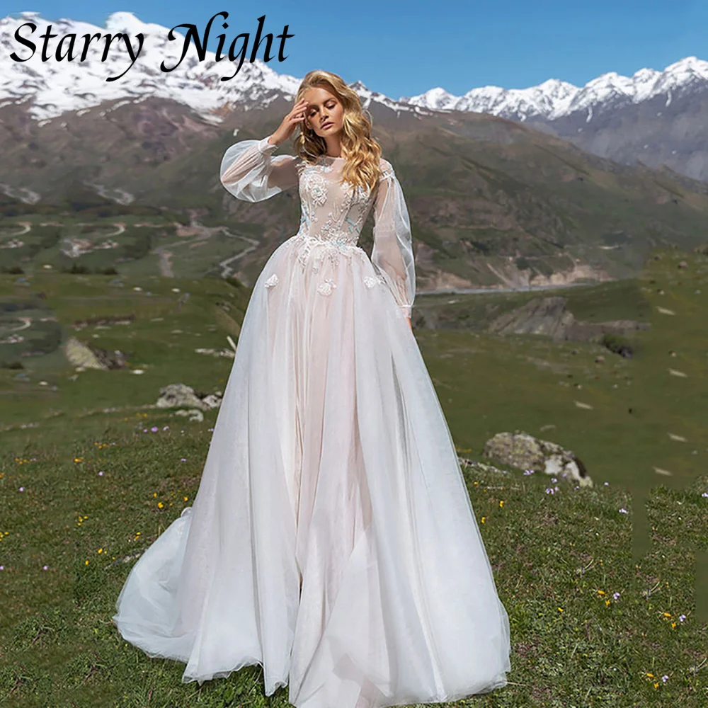 

Женское платье с вырезом лодочкой, элегантное платье невесты трапециевидной формы с длинными рукавами, аппликацией и пуговицами на спине, с...