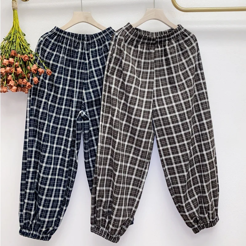 

Casual Preppy Style Cotton Linen Plaid Wide Leg Pants Leisure Vintage Grid Checkered Oversize Loose Bloomers Palazzo Trousers
