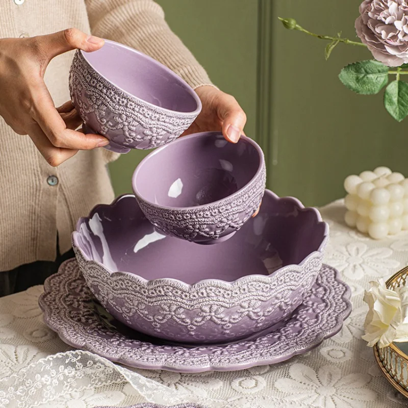 

Princess Dress Elegant Tableware Girl Heart Purple Beautiful Lace Dining Plate Relief Series Ceramic Tableware Bowl Plate Cup