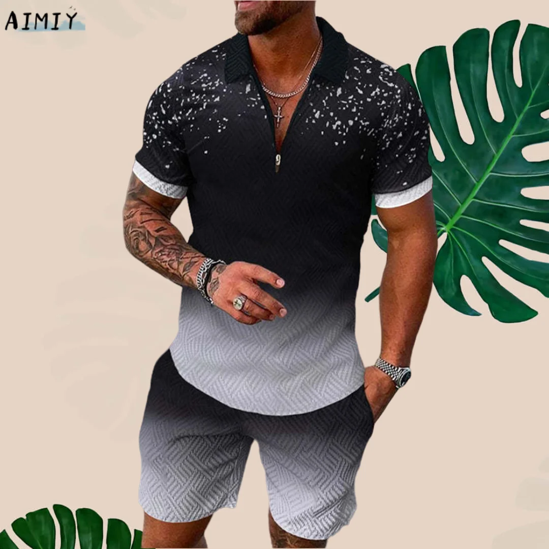 Men's Summer Tracksuit Fashion Turn Down Collar Zipper Polo Shirt+Shorts Sports Jogging Suit Casual Stylish Sweatersuit Set Top