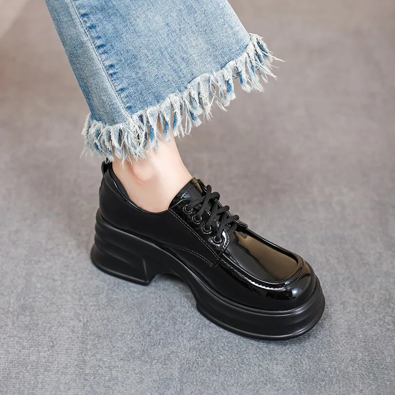 

Shoes Woman Flats Oxfords British Style Autumn Clogs Platform Square Toe Loafers With Fur Casual Female Sneakers Dress Leather P