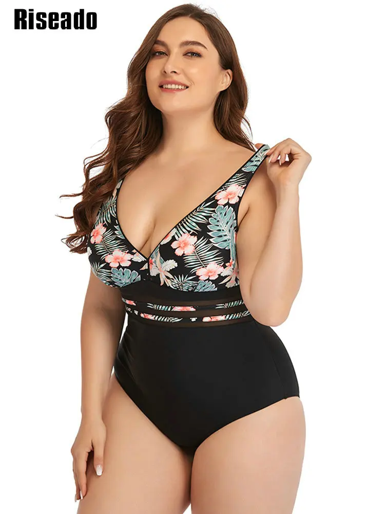 

Plus Size V-neck One Piece Swimsuit Woman Sexy Mesh Swimwear 2022 Floral Print Patchwork Bodysuit Large Size Cut Out Beachwear