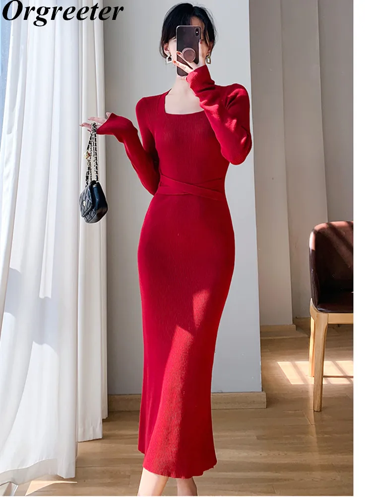 

Autumn Knitted Dress Women V Neck Sexy Slim Lace-up Sheath Bodycon Dress Winter Sweater Dresses