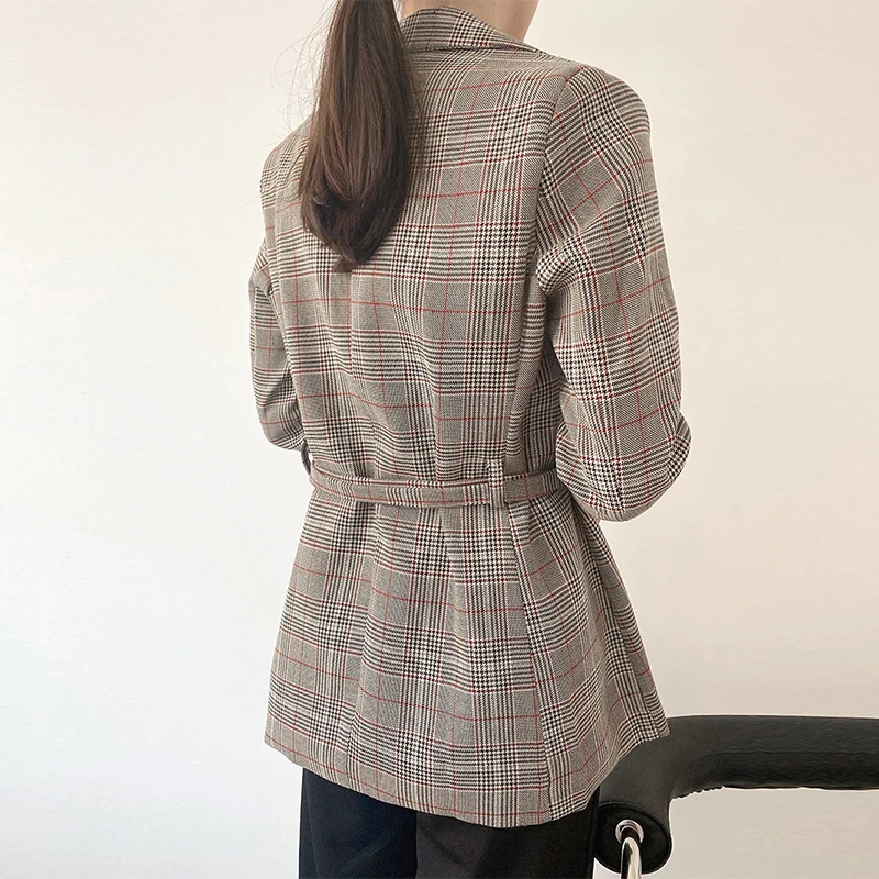 Blazers Women 2023 Fashion With Belt Check Blazer Coat Vintage Long Sleeve Office Wear Female Outerwear Chic Jacket Femme