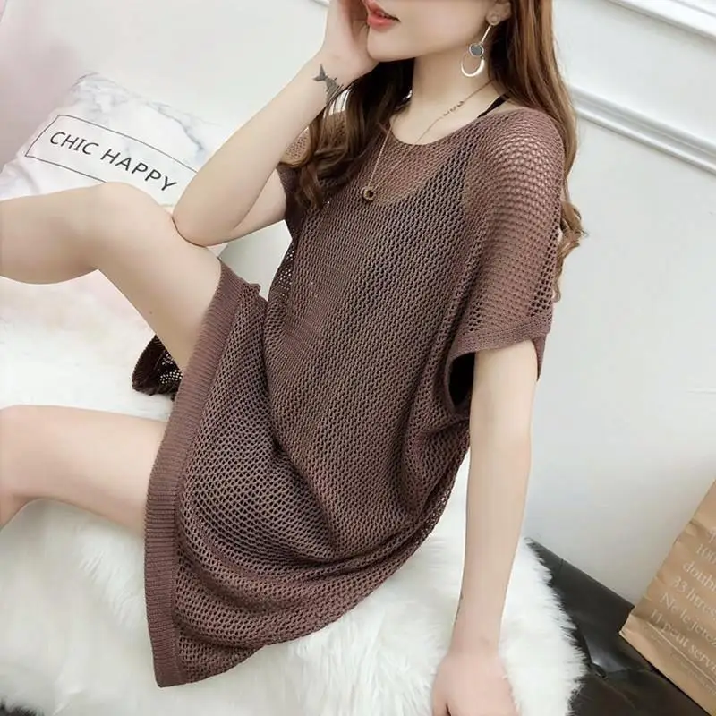 

Новинка лета 2022, свободный свитер с вырезами, тонкий женский топ, Однотонная футболка, пальто для девочек, Солнцезащитная одежда, кофейная