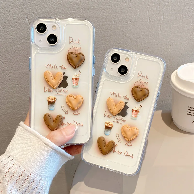 

3D Drop Resistance Dessert Cute Heart Smartphone Cases for iPhone 14 13 12 11 Pro Max XR X XS Transparent TPU Celulares Cover